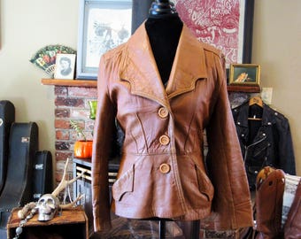 70's Leather Jacket Camel color Light Brown Button Up Size Medium