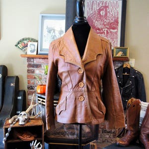 70&#39;s Leather Jacket Camel color Light Brown Button Up Size Medium