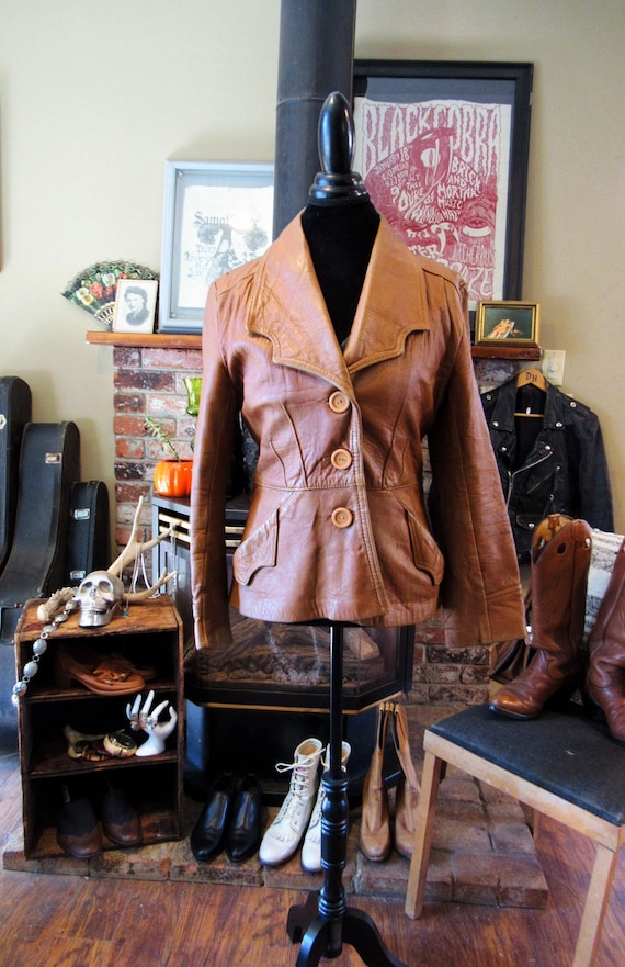 70's Leather Jacket Camel color Light Brown Button