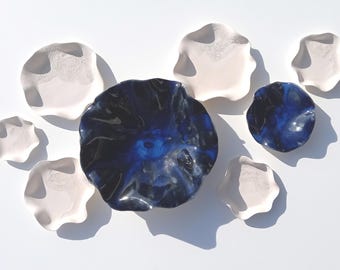 Blue & White Tiles - Ceramic Wall Art - Porcelain Sculptures - Set of 8