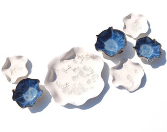 Blue & White Ceramic Wall Art - Floral Sculpture - Modern Home Decor - Set of 7