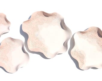 White & Salmon Tile Wall Art: Handmade Ceramic Wall Sculpture, Set of 4