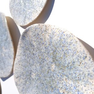 May include: A close-up of several irregularly shaped, ceramic wall art pieces. The pieces have a speckled, light blue and white glaze with brown flecks. The shapes are organic and appear to be mounted on a white wall.