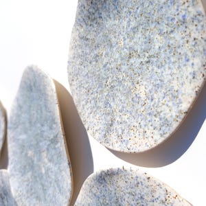 May include: A collection of irregularly shaped ceramic wall art pieces. The pieces have a speckled, light blue and white glaze with brown flecks. The organic forms are mounted on a white wall, creating a modern, minimalist aesthetic.