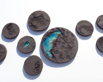 Black Charcoal & Turquoise Ceramic Wall Art - Stoneware Sculpture - Home Decor - Set of 9