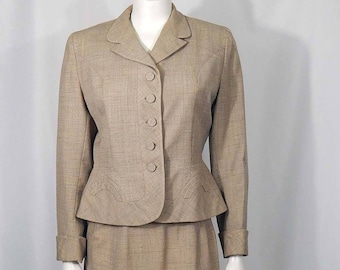 Peach 40's Suit Small Orange Gray White Forties 2 Piece Jacket Blazer Straight Skirt Curved Bias Detail  Women's