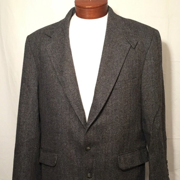 Gray Herringbone Blazer Large 42L 42 Long Preppy Lands End Sport Coat 2 Button Gold Blue Stripe Made in USA