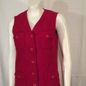 Red Long Vest Small 4 Pocket Groovy Structured 70&#39;s Faux Suede Cordon of Philadelphia Brady Bunch Made in USA