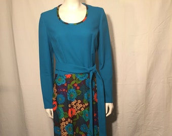 Teal Blue Seventies Maxi Dress Small Mod Orange Brown Tan Green Floral Skirt Belt Long Sleeve Very Brady Bunch 70's