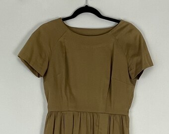 Khaki Wiggle Dress 50's Small Sheath Short Sleeve Beige Tan Knee Length Career  Wedding Summer Garden Party