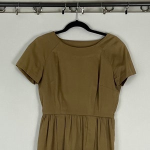 Khaki Wiggle Dress 50&#39;s Small Sheath Short Sleeve Beige Tan Knee Length Career  Wedding Summer Garden Party