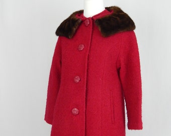 Red Wool Coat Medium Mink Collar Jacket 3/4 Sleeve Boucle Large Buttons 60s Sixties Belson Weatherproofed for Better Wear Mod