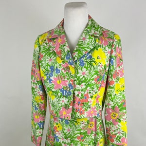 Floral Dress Small 2 Piece Pink Yellow Green Mod Lilly Pulitzer 3/4 Sleeve Jacket 2 Piece 70&#39;s Full Skirt Scoop Neck Jamison Boutique