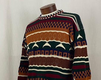 Abstract Hip Hop Sweater 1x Women&#39;s Brown Green Brown Red White 80&#39;s Knit Plus Size Crewneck Forelli Made in USA