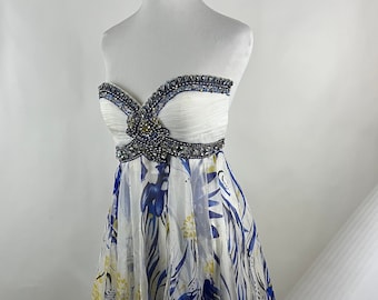 Mini abito con strass Y2K XS, abito da ballo floreale senza spalline, Terani