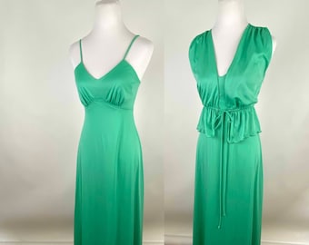 Kelly Green Formal Dress XS Extra Small Spring Green Sleeveless Gown Short Sleeve Jacket 70's Jersey Disco Mod Prom Wedding
