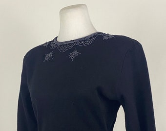 90s Black Knit Beaded Dress: Open Back Formal, Small, Garland