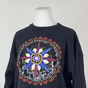 Black Crewneck Sweater Medium White Sequin Light Blue Compass 90&#39;s Crewneck Pullover Beads Cedars Granny Core