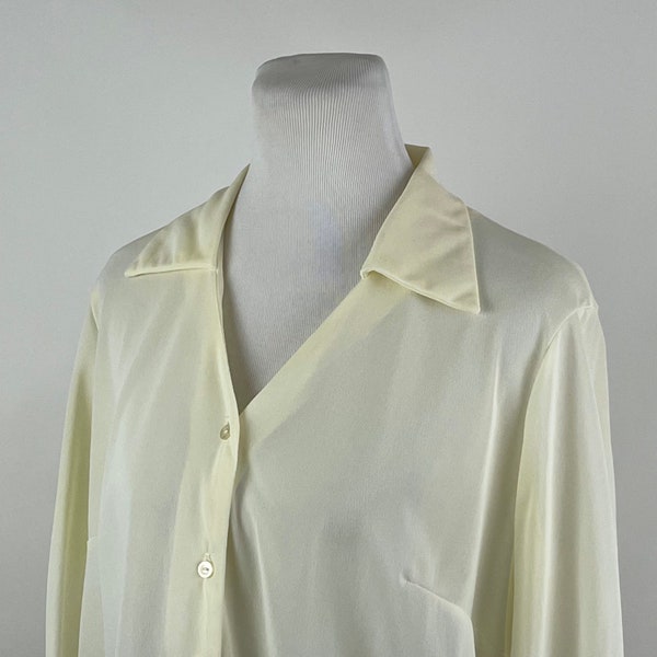 Off White Cream 70’s Collared Blouse XL Long Sleeve Shirt Button Front Vneck Wing Tip Collar Career Blouse Nylon