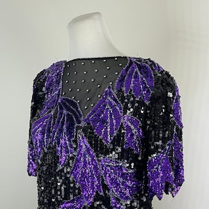 Black Purple Silver Sequin Blouse Small Shirt Silk Asymmetrical Beads Beaded Oversized Leaf Short Sleeve New Years Formal Mesh Karx Louise
