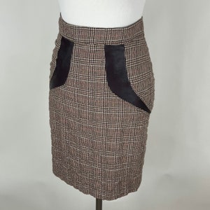 Brown Plaid Pencil Skirt Small Nineties Leather Accent Preppy Louis Verdad Houndstooth Plaid Brown Cream Orange