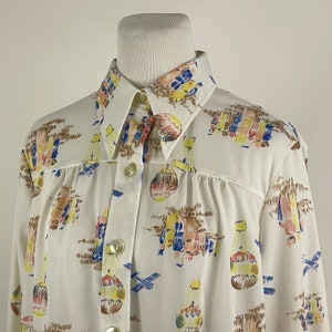 Balloon Shirt 70&#39;s Polyester Blouse White Extra Large Hot Air Balloon Winged Collar Shirt Long Sleeve Double Knit Disco Career Blouse