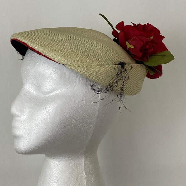 Cream Calot Hat Small Flower AS IS Black Netting Fifties Floral Woven Rose Accent Velvet Bow Size 22 Mid Century