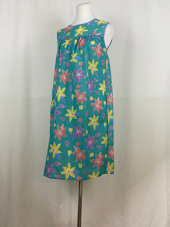 Teal Floral House Dress Small 80's Lounge Dress S… - image 1