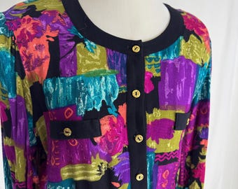 Vintage 80s Abstract Rayon Dress, Teal Purple Orange, Breli Originals (XL)