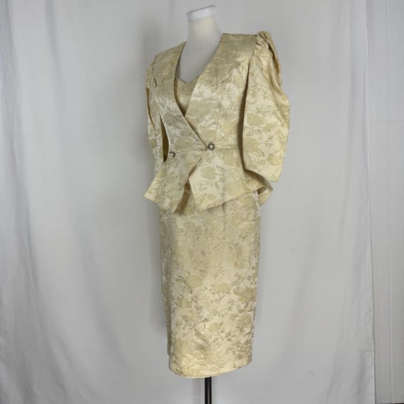 90s Gold Damask Wedding Dress Set, Peplum Jacket XS, Joelle Bridal