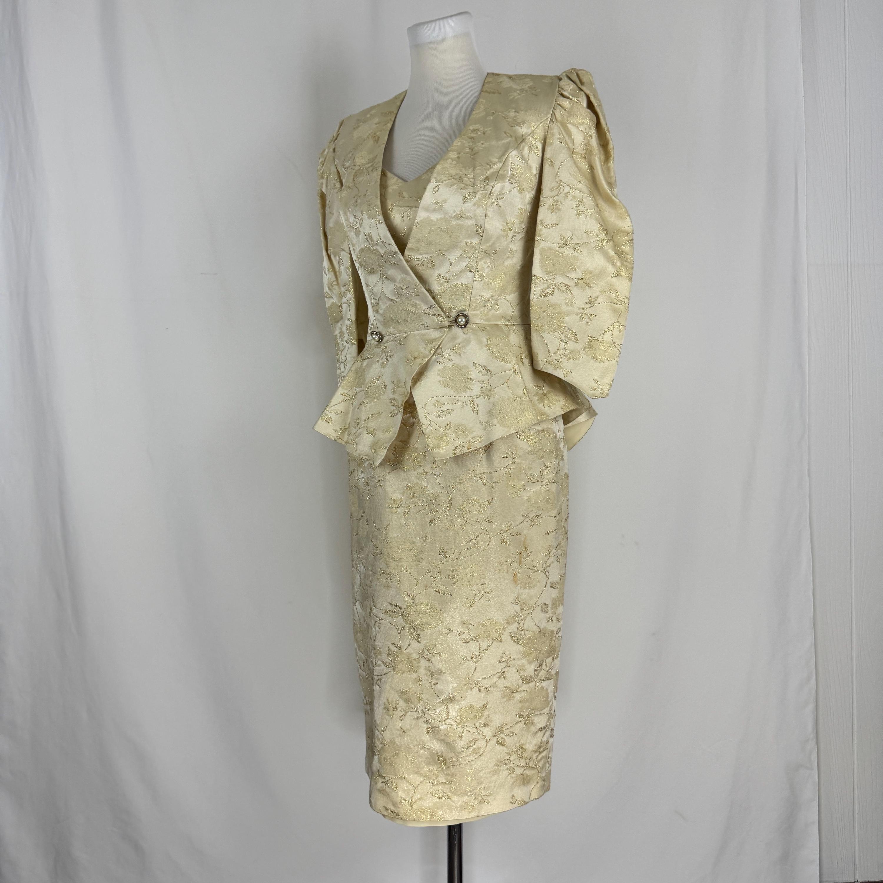 cream and gold dress and jacket 90s Damask Wedding Set, Peplum XS, Joelle Bridal dressing table mirror price
