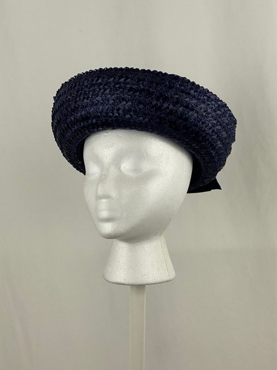 Blue Straw Rattan Breton Halo Hat Fifties Small 5… - image 2