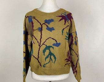 Novelty Sweater Medium Parrot Butterfly Pineapple Crewneck Gold Blue Burgundy Red Long Sleeve 90&#39;s Inverallan Cotton