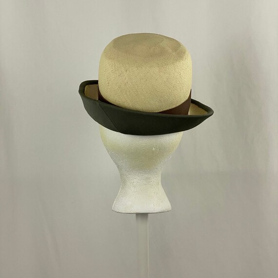 Straw Brown Gray Cloche Straw Hat Small Sixties G… - image 2