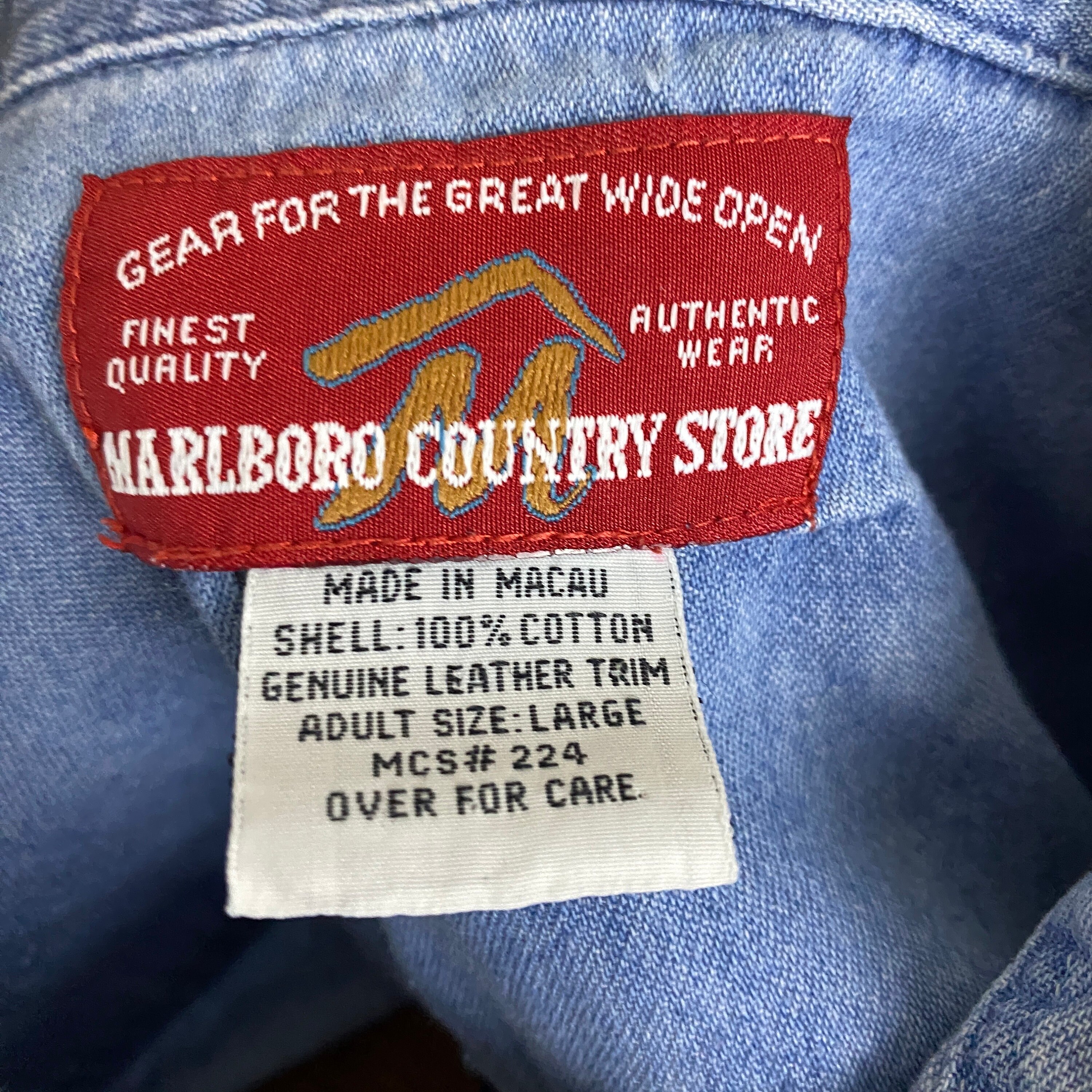 Marlboro Western Denim Shirt Buttons Large L Worn in Distressed