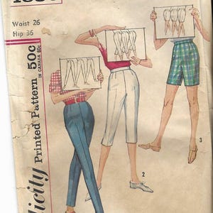 Simplicity 4886 Byxor i 3 längder 1963 1960-tals sömnadsmönster Midja 26 Missar och Juniorer Komplett skärning