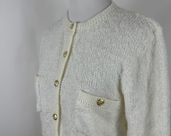 White Boucle Knit Cardigan Medium 80's Tanner Gold Buttons Long Sleeve Crew Neck Pockets Designer Acrylic