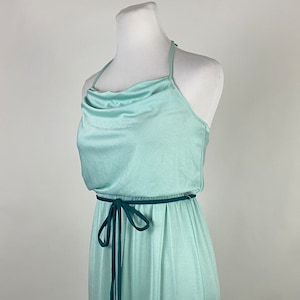 Pale Green Halter Formal Dress XS Extra Small Pearly Sleeveless Gown Belted 70&#39;s Seventies Mod Prom Wedding Stretchy Waist