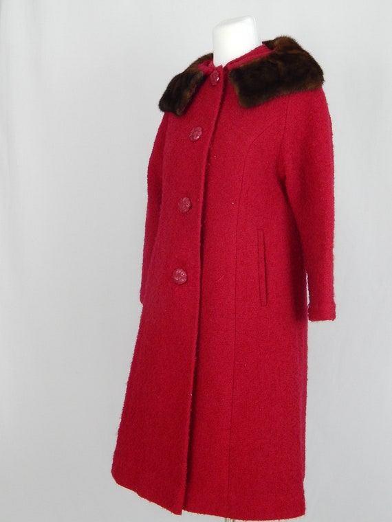 Red Wool Coat Mink Collar Medium M Jacket 3/4 Sle… - image 7