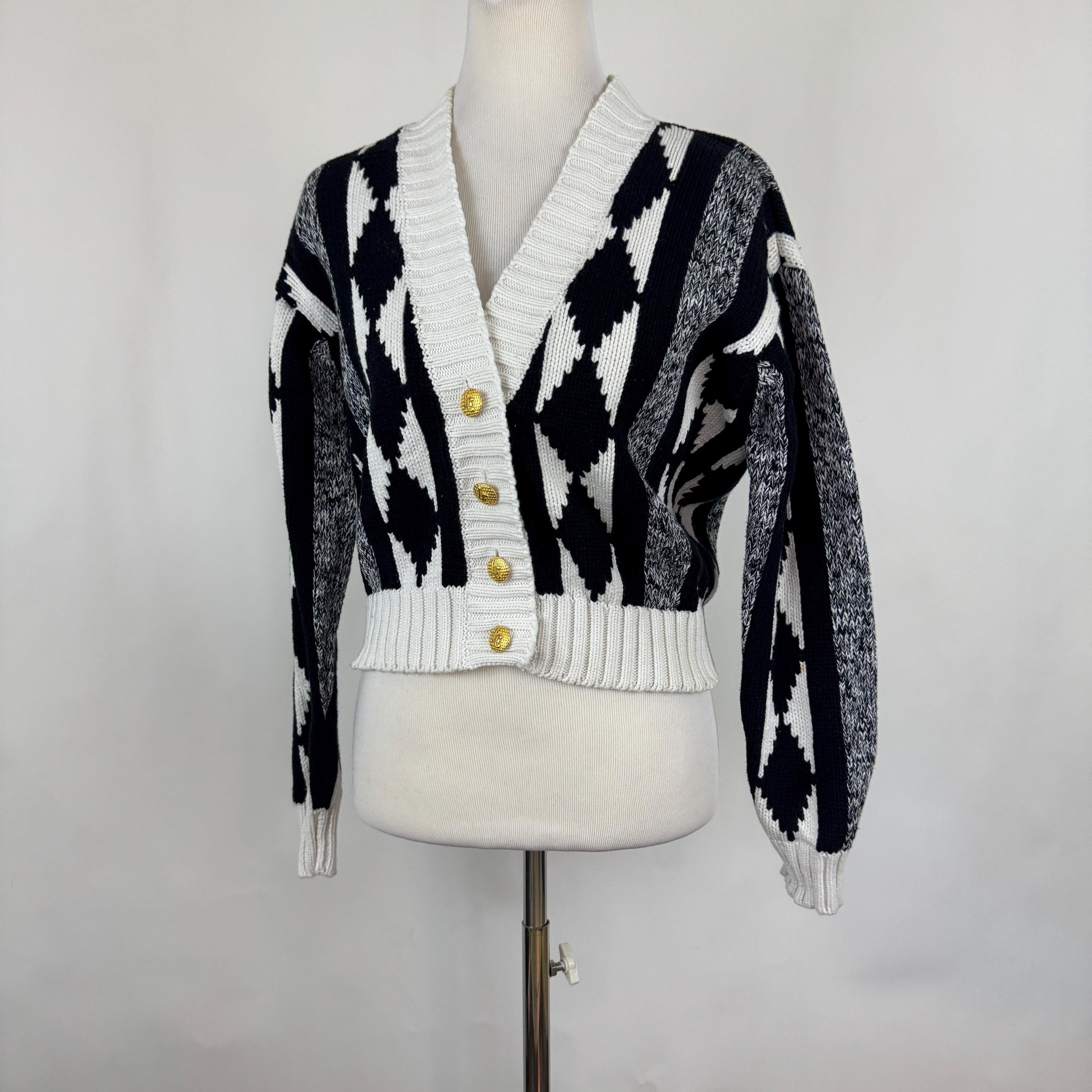 Black White Cropped Cardigan Small Sweater Diamond Stripes V Neck