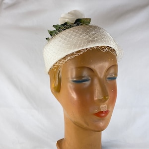 White Birdcage Bridal Hat Small Wedding Veil Rose Green Satin Leaves 60&#39;s Pillbox Netting Floral
