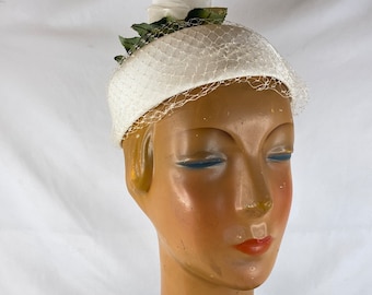 White Birdcage Bridal Hat Small Wedding Veil Rose Green Satin Leaves 60's Pillbox Netting Floral