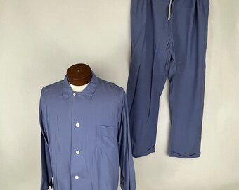 Blue Rayon Men&#39;s 1940&#39;s Pajamas Large Van Heusen Set PJ Top Drawstring Pants Adjustable Waist