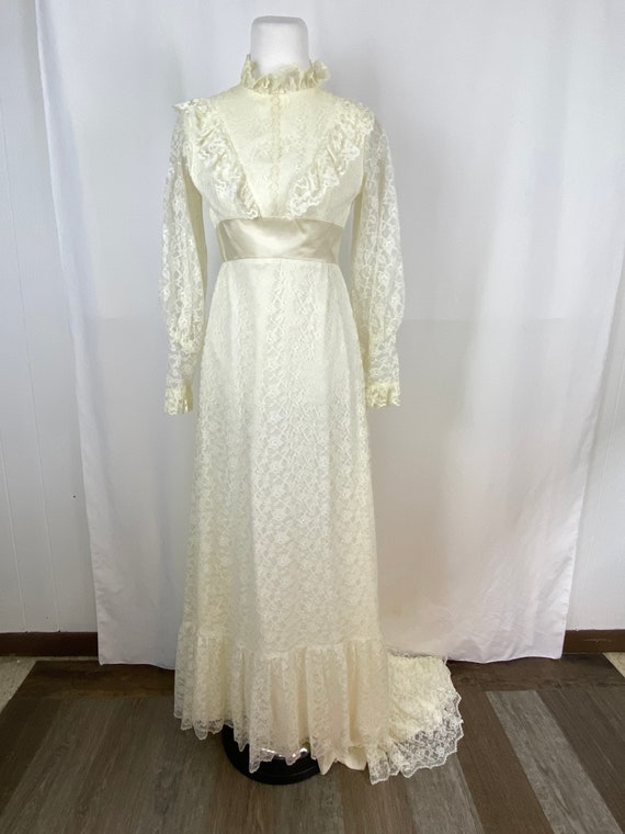 Lace Prairie Wedding Dress Small Sixties Long Sle… - image 2