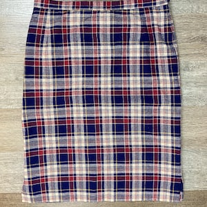 Red Blue Plaid Pencil Skirt Large Tartan Beige Yellow 34 waist 80&#39;s Preppy Classic Schoolgirl Suit Skirt