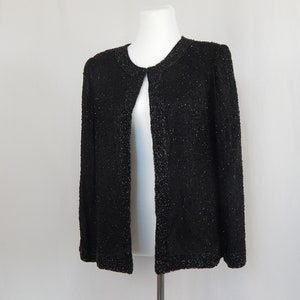 Black Formal Beaded Jacket Medium Long Sleeve Women&#39;s Laurence Kazar Size Diamond Silk Polyester 90&#39;s Nineties Made in India Formal