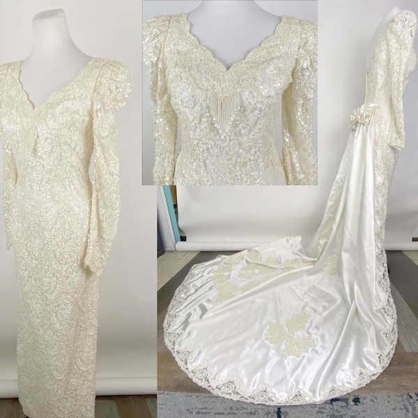 Off White Wedding Dress Small 6 Column 90's Sweetheart Neckline Sequin Pearls Satin Train Ruffle Lace Skirt Modest Long Sleeve Oleg Cassini