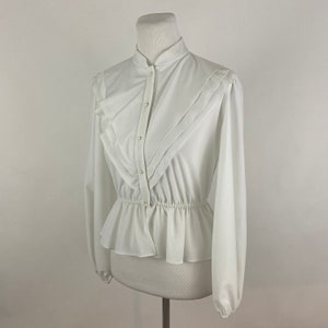 White Steampunk Blouse Small Shirt Nehru Collar Layered Jabot Long Sleeve 70&#39;s Polyester Button Front Modest Peplum