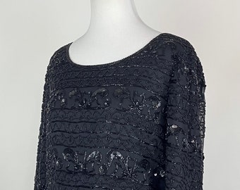 Black Sequin Blouse Medium Silk Shirt Black Beads Beaded Floral Long Sleeve New Years Formal Stenay