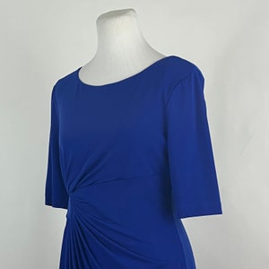 Blue Ruched Y2K Dress 10 Petite Medium 10P Cobalt Blue Connected Petite 2000 Half Sleeve Midi Dress Fitted Wrap Style Corporate Chic